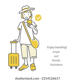 young woman traveling alone, simple and cute illustration