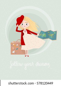 Young woman traveling around the world with a map and a suitcase.Travel. Travel cards/Follow your dreams. Vector illustration for cards, poster, T-shirt print, background.