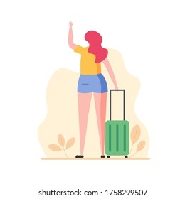 Young woman traveling with luggage in vacation. Isolated tourist female character waving hand. Concept of summer travel, tourism, activity. Vector illustration in cartoon flat design