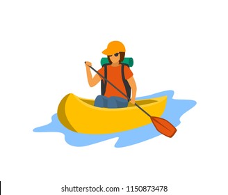 young woman traveling paddling canoe isolated vector illustration