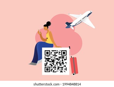 Young woman traveller with suitcase looking a smartphone screen with qr code. Airplane in background. Concept of travel authorization and digital sanitary pass, or certificate of vaccination.