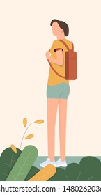 Young woman traveller travels with backpack. Standing on the top of hill. Plants on the front ground. Noisy shadows. Flat vector illustration