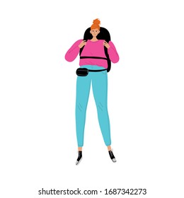 Young woman travelling around world with backpack vector illustration