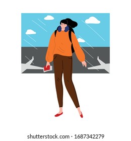 Young woman travelling with backpack by plane vector illustration