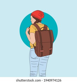 Young woman travelling with backpack. Vector flat illustration. A simple flat vector design