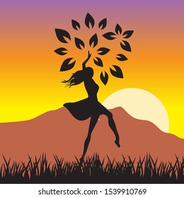 young woman with tree leaves with mountain landscape in behind, vector