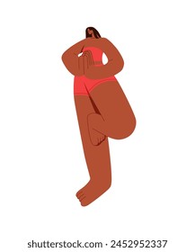 Young woman in tree pose. Person does physical exercise, stands in asana at yoga workout. Girl practices body balance, concentrates on breathing to harmony. Flat isolated vector illustration on white