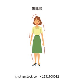 Young woman trembling from fear, cold or illness - sad female cartoon character standing with worried and nervous face and shivering. Flat vector illustration of scared girl,