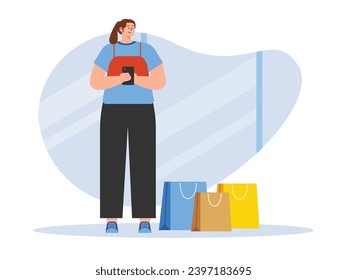 Mujer joven de moda jugando por teléfono con muchas bolsas de compras, comprando ropa en el centro comercial. Diseño de caracteres. Ilustración plana del vector