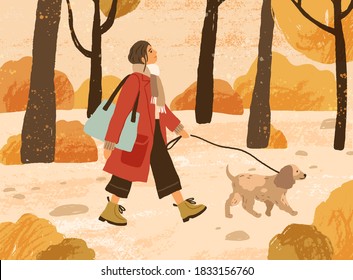 Young woman in trendy warm outwear walking dog in autumn park, admiring nature. Fashionable female character with pet in the forest. Fall recreation. Colorful vector illustration in flat cartoon style