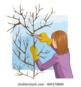 Young woman trimming a tree with garden clippers, vector image, eps10