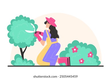 A young woman trims bushes in the garden with garden shears