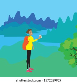 Young Woman trip in the Mountains. Flat Vector Cartoon Illustration. Travel with a lake and mountain background. Travel or Adventure
