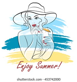 Young woman with tropical cocktail on the beach. Illustration in retro style and watercolor background. Free font used.