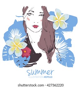 Young woman with tropical flowers and leaves fashion illustration. Make up, red lips. White background with blue watercolor splash. Vintage design for greeting card, fabric, invitation, banner.