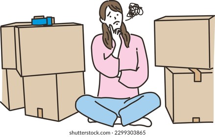 A young woman in trouble in front of a large amount of cardboard boxes