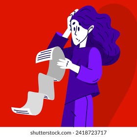 Young woman in trouble have a very long list to do, vector illustration of a stressed girl with long checklist, may be used as a long bill or check.