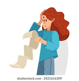 Young woman in trouble have a very long list to do, vector illustration of a stressed girl with long checklist, may be used as a long bill or check.