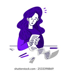 Young woman in trouble have a very long list to do, vector illustration of a stressed girl with long checklist, may be used as a long bill or check.