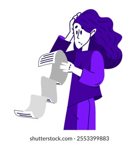 Young woman in trouble have a very long list to do, vector illustration of a stressed girl with long checklist, may be used as a long bill or check.