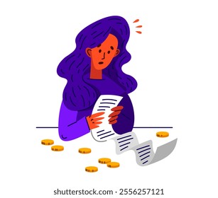 Young woman in trouble have a very long bill or check, vector illustration of a girl worried about to high money spending. 