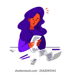 Young woman in trouble have a very long list to do, vector illustration of a stressed girl with long checklist, may be used as a long bill or check.