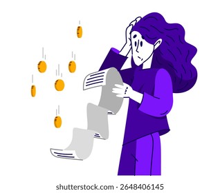 Jovem mulher em apuros tem uma conta muito longa ou cheque, ilustração vetorial de uma menina preocupada com a alta despesa dinheiro. 
