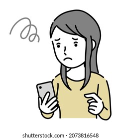 A young woman in trouble operating a smartphone
