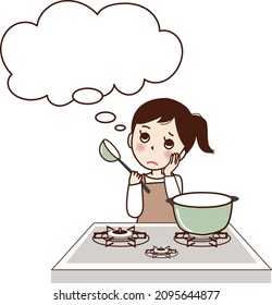 A young woman with a troubled face thinking while cooking.