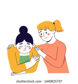 young woman try to comfort her best friend from stress and sad, vector character illustration, girl support system concept,