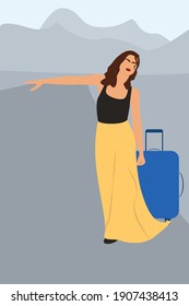 Young woman trying to catch car vector illustration. Girl standing on road with thumb up and hitchhiking auto flat style design. Adventure travelling concept. eps 10
