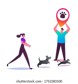 Young Woman Trying to Catch Dog and Cat Running Fast, Male Character Holding Huge Geolocation Pin with Animal Paw Print. GPS Tracking for Escaped and Lost Pets. Cartoon People Vector Illustration