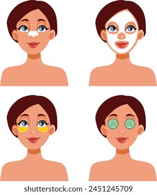 
Young Woman Trying Different Cosmetic Procedures Vector Illustration. Girl with a precise skin care routine using home treatment for rejuvenation 
