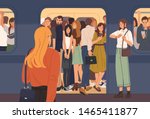 Young woman trying to enter subway train car full of people. Overcrowded underground or metro. Problem of city overpopulation and urban transportation. Flat cartoon colorful vector illustration.