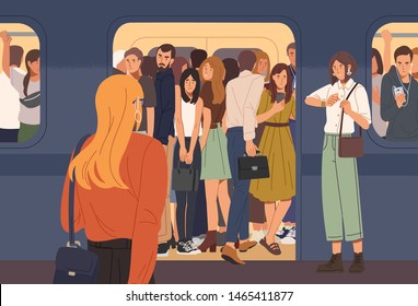 Young woman trying to enter subway train car full of people. Overcrowded underground or metro. Problem of city overpopulation and urban transportation. Flat cartoon colorful vector illustration.
