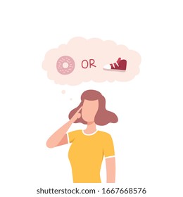 Young Woman Trying to Make Decision, Girl hoosing Between Healthy and Unhealthy Lifestyle Flat Vector Illustration