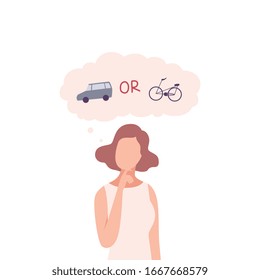 Young Woman Trying to Make Decision, Car or Bike, Guy hoosing Between Healthy and Unhealthy Lifestyle Flat Vector Illustration