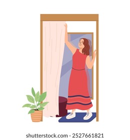 Young woman trying on clothes in dressing room apparel boutique. Female character in new red dress opens curtain in dressing room in cabin with mirror. Shopping spare time in clothes store isolated