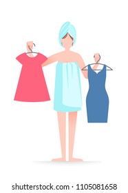 An young woman is trying on the dresses and can't do a choice. Fashion, style and  everyday life concept. Flat vector illustration isolated on white background
