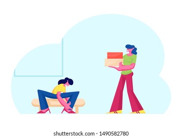 Young Woman Trying on Shoes Sitting on Couch, Saleswoman Carry Boxes with Footgear to Customer in Store. Girl Choose and Fitting Footwear in Market or Shopping Mall. Cartoon Flat Vector Illustration