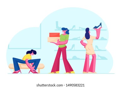 Young Woman Trying on Shoes Sitting on Couch near Shelves with Footgear in Store. Young Girls Choose and Fitting Footwear in Market or Mall. Shopping Spare Time Cartoon Flat Vector Illustration