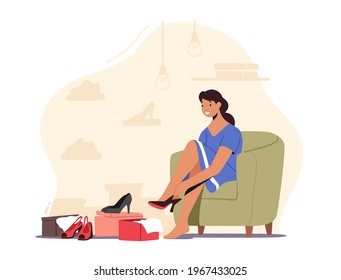 Young Woman Trying on Shoes on Heel Sitting on Couch with Carton Boxes with Footgear around. Customer in Store, Girl Choose and Fitting Footwear in Market or Shopping Mall. Cartoon Vector Illustration