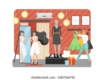 Young woman trying on white dress in front of mirror in fashion boutique, shop assistant proposing one more beautiful green dress, vector flat illustration. Woman store, beauty and fashion concept.