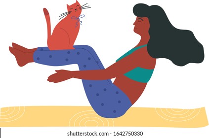 Young woman trying to repeat popular fitness challenge with her cat. Yoga and pilates influencer trainer shows how to train at home with no equipment. Blogger doing navasana or naukasana boat pose.