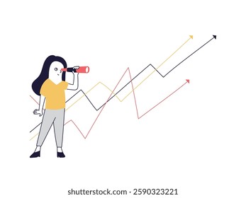 Young woman trying to see the future through a telescope