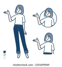 A young woman in a T-shirt with Explanation images.It's vector art so it's easy to edit.