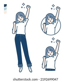 A young woman in a T-shirt with fist pump images.It's vector art so it's easy to edit.