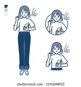 A young woman in a T-shirt with Holding a smartphone and anger images.It's vector art so it's easy to edit.