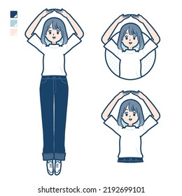 A young woman in a T-shirt with Making a circle with arms images.It's vector art so it's easy to edit.