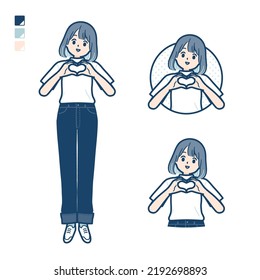 A young woman in a T-shirt with making a heart symbol by hand images.It's vector art so it's easy to edit.
